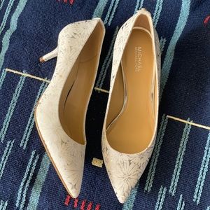 Michael Michael Kors White & Metallic Silver Kitten Heels